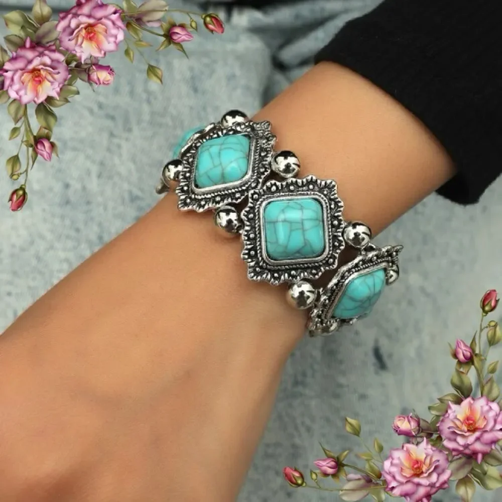 Bead Decor Vintage Fake Turquoise Stone‎ Zinc Alloy Bracelet